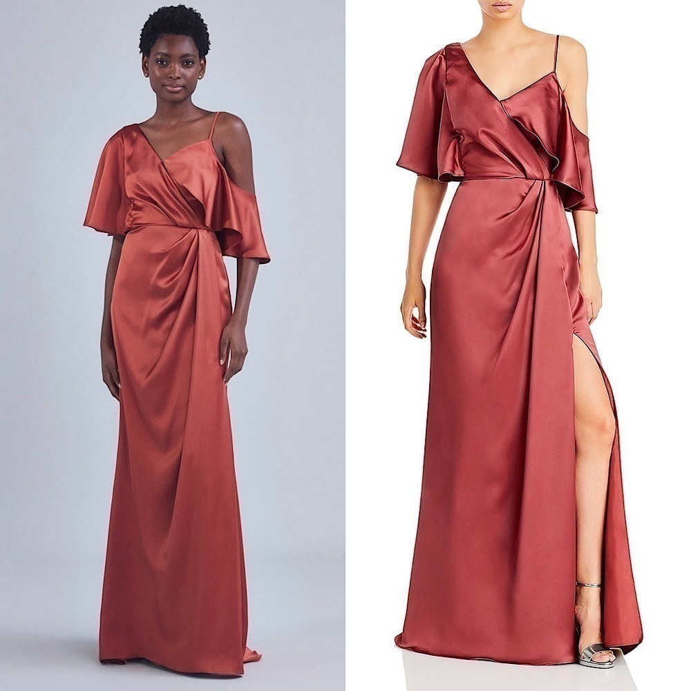 NWT AMSALE Cayenne Satin Asymmetric‎ Short Sleeve Draped Faux Wrap Maxi Gown 10